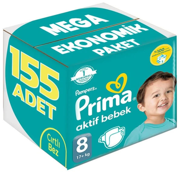 Prima Bebek Bezi Beden:8 (17+Kg) XXX Large 155 Adet Mega Ekonomik Pk