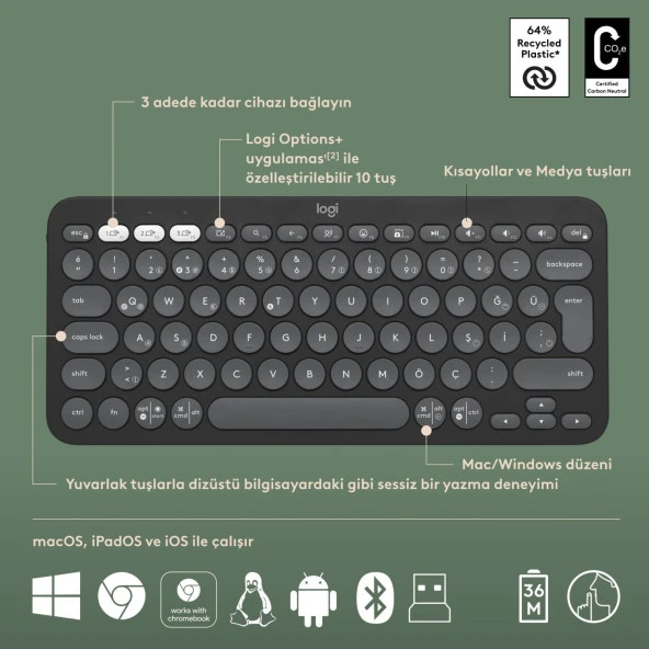 Logitech Pebble 2 Set Çoklu Cihaz Özellikli Sessiz Kablosuz Türkçe Q Klavye ve Mouse Seti Grafit - Resim 5