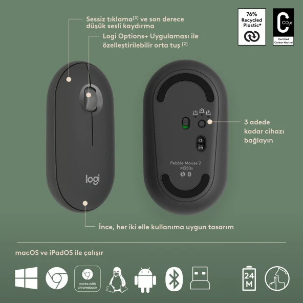 Logitech Pebble 2 Set Çoklu Cihaz Özellikli Sessiz Kablosuz Türkçe Q Klavye ve Mouse Seti Grafit - Resim 6