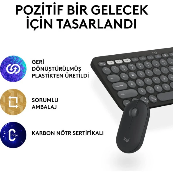 Logitech Pebble 2 Set Çoklu Cihaz Özellikli Sessiz Kablosuz Türkçe Q Klavye ve Mouse Seti Grafit - Resim 9