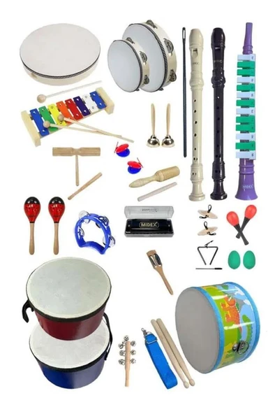Midex Örf Aletleri Seti Overmuch Paket-1 Marakas Zil Üçgen Ksilofon Melodika Mızıka Davul Flüt (26 Parça) ürün görseli
