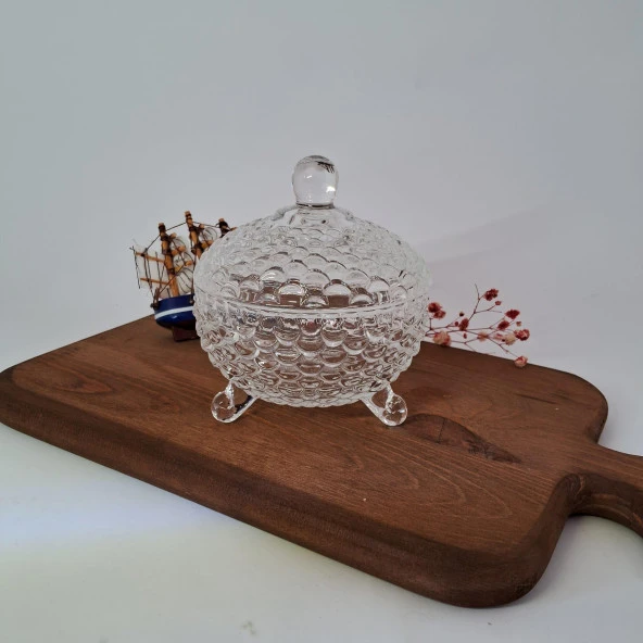Lüx Ayaklı Cam Şekerlik Dekoratif İşlemeli Drajelik 10-10 cm Masaüstü Şekerlik - 2