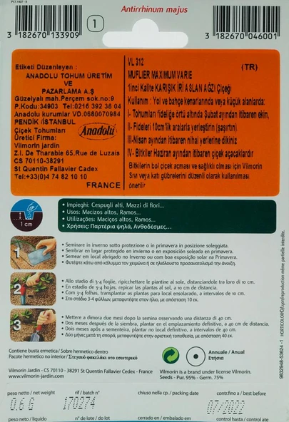 VİLMORİN ASLANAĞZI TOHUMU MAKSİ KARIŞIK RENKLİ (V/01) - Resim 2