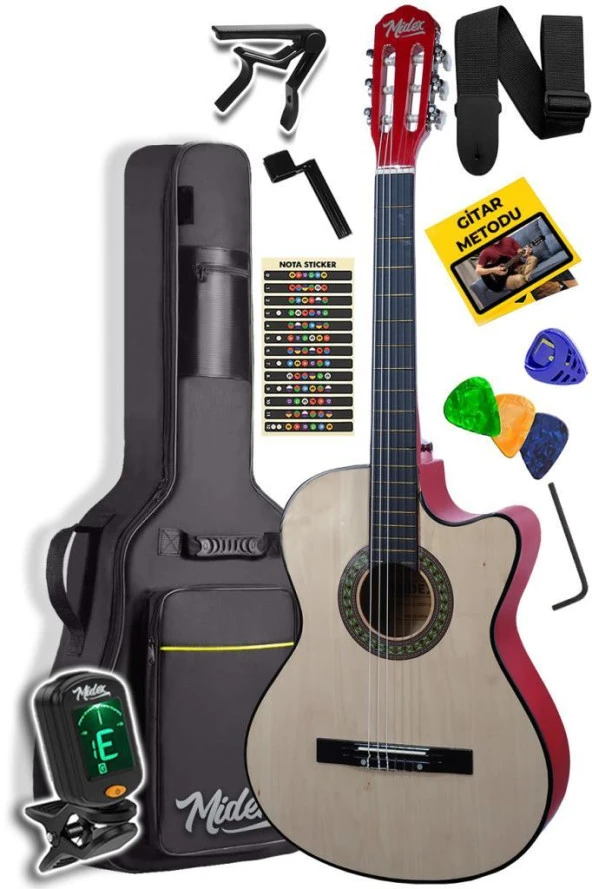 Midex CG390NT-XBAG Klasik Gitar 4/4 Sap Ayarlı Kesik Kasa (Çanta Tuner Askı Capo Metod Pena)