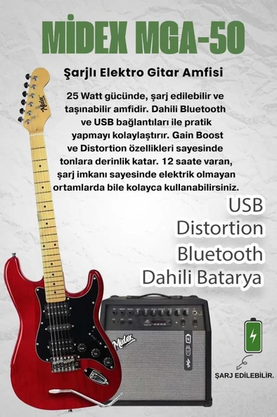 Midex RPH-40RD-50AMP 50W Şarjlı BT Amfili Elektro Gitar Seti HSH Manyetik Maple Klavye - Resim 2