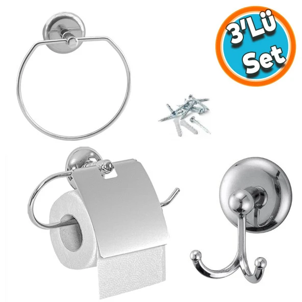 Metal Sağlam Aparat Vidalı Lavabo Banyo Wc Bez Havlu Çatal Askı Tuvalet Kağıtlık Krom 3lü Set