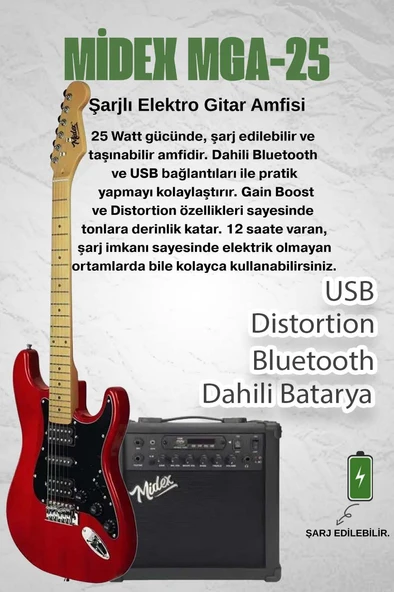 Midex RPH-40RD-25AMP 25W Şarjlı BT Amfili Elektro Gitar Seti HSH Manyetik Maple Klavye - 2