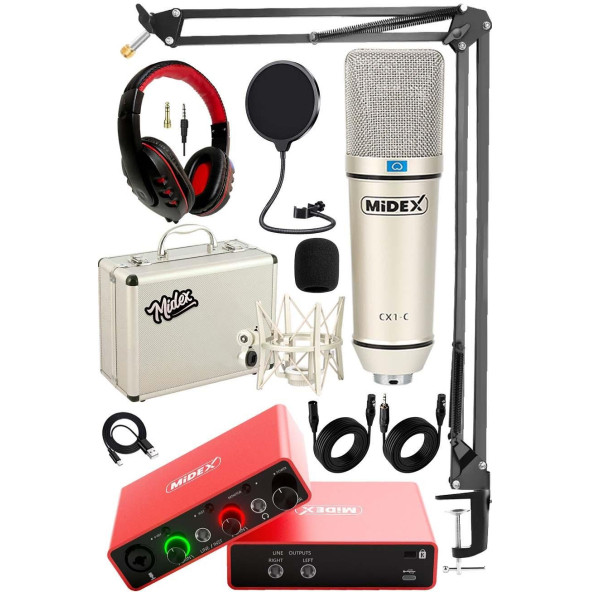 Midex Special Paket-2 Stüdyo Ekipmanları GLX-700RD Ses Kartı CX1 Mikrofon Kulaklık Stand