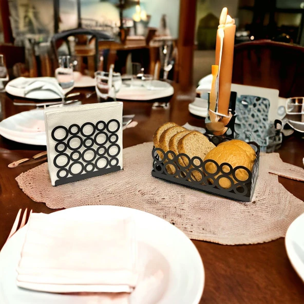 Siyah Renk 2li Set Ekmek Sepeti ve Peçetelik - 2