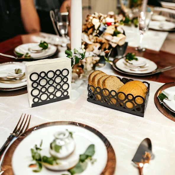 Siyah Renk 2li Set Ekmek Sepeti ve Peçetelik - 3