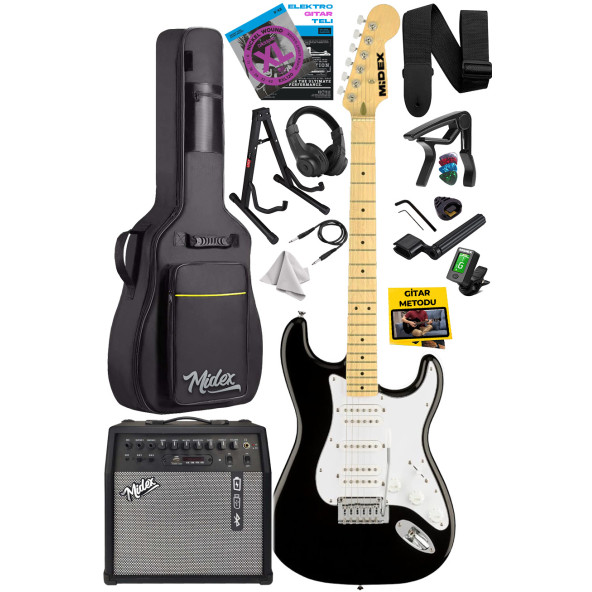 Midex RPH-40WB-50AMP Siyah Beyaz 50W Şarjlı BT Amfili Elektro Gitar Seti HSH Manyetik Maple Klavye