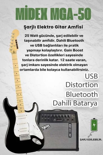 Midex RPH-40WB-50AMP Siyah Beyaz 50W Şarjlı BT Amfili Elektro Gitar Seti HSH Manyetik Maple Klavye - Resim 2