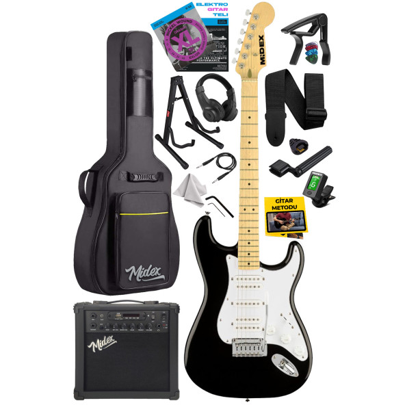 Midex RPH-40WB-25AMP Siyah Beyaz 25W Şarjlı BT Amfili Elektro Gitar Seti HSH Manyetik Maple Klavye