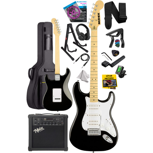 Midex RPH-40WB-25AMP Siyah Beyaz 25W Şarjlı BT Amfili Elektro Gitar Seti HSH Manyetik Maple Klavye - 3