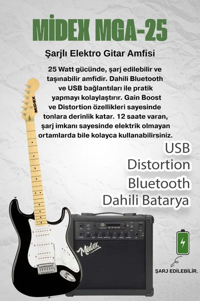 Midex RPH-40WB-25AMP Siyah Beyaz 25W Şarjlı BT Amfili Elektro Gitar Seti HSH Manyetik Maple Klavye - 2