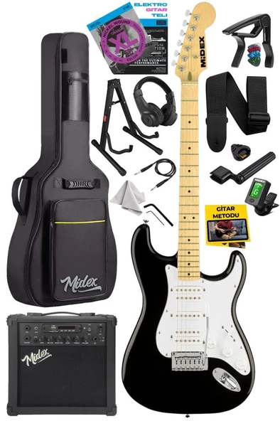 Midex RPH-40WB-25AMP Siyah Beyaz 25W Şarjlı BT Amfili Elektro Gitar Seti HSH Manyetik Maple Klavye ürün görseli 1