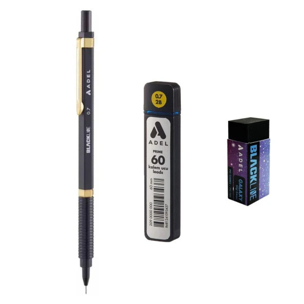 Adel Blackline Metal Gövdeli Versatil Kalem 0.7 Mm SİYAH-ALTIN + Prıme 0,7 Uç 60lı + Silgi