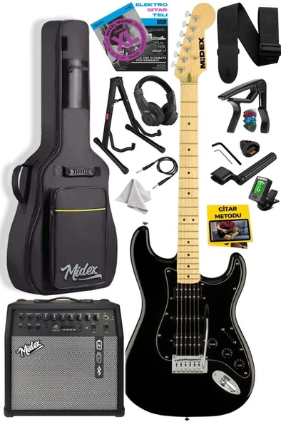 Midex RPH-40BK-50AMP Full Black 50W Şarjlı BT Amfili Elektro Gitar Seti HSH Manyetik Maple Klavye ürün görseli 1