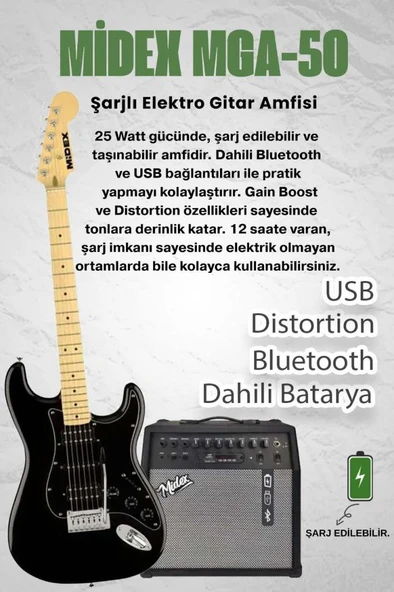 Midex RPH-40BK-50AMP Full Black 50W Şarjlı BT Amfili Elektro Gitar Seti HSH Manyetik Maple Klavye - Resim 2