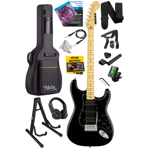 Midex RPH-40BK-ST Full Black Elektro Gitar Seti HSH Manyetik Maple Klavye Üst Kalite