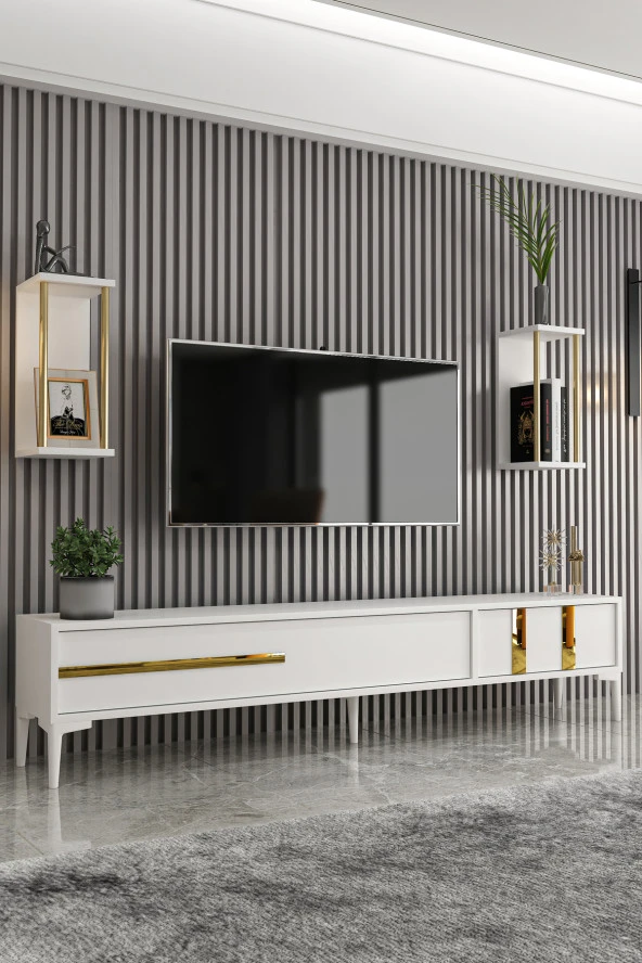 Givayo Mobilya Lükens Tv Ünitesi Beyaz Gold 180 cm