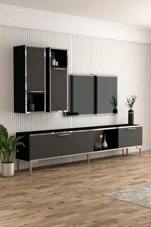 Givayo Mobilya  Astera Tv Ünitesi 180 Cm Siyah Antrasit Gümüş