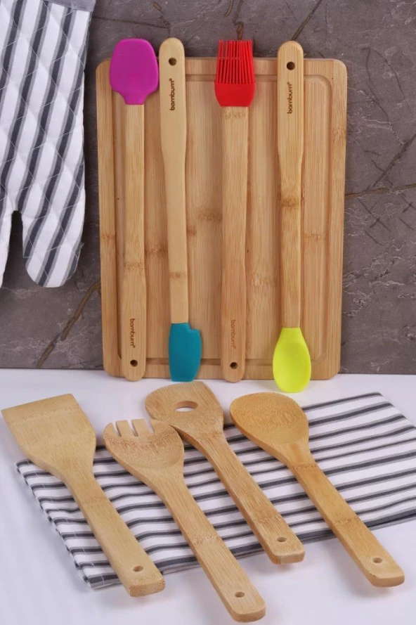 9 Parça Bambu Mutfak Seti Kesme Tahtası - Bambu Servis Seti - Silikon Set