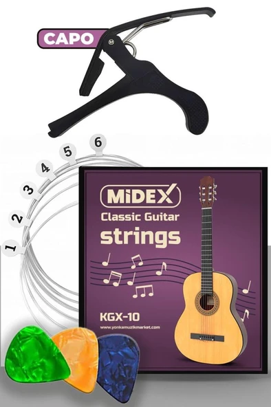 Midex KGX-10C Klasik Gitar Teli Takımı Pena ve Kapo (Capo) Seti ürün görseli 1