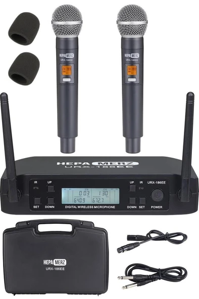 Hepa Merz URX-186EE UHF 2x100 Kanal Çiftli Kablosuz EL Mikrofonu Çift Anten LCD Ekran ürün görseli 1