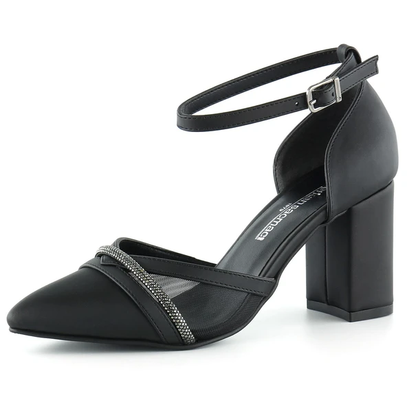 Erkan Saçmacı Molly Siyah Saten Taşlı Fileli Kalın Topuklu Abiye Ayakkabı