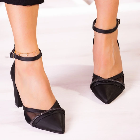 Erkan Saçmacı Molly Siyah Saten Taşlı Fileli Kalın Topuklu Abiye Ayakkabı - 4