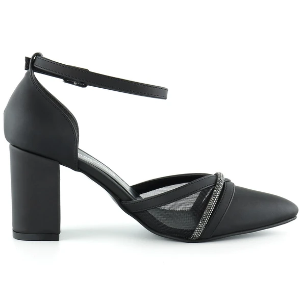 Erkan Saçmacı Molly Siyah Saten Taşlı Fileli Kalın Topuklu Abiye Ayakkabı - 2