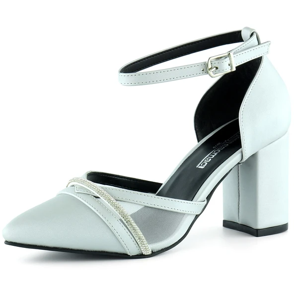 Erkan Saçmacı Molly Gümüş Saten Taşlı Fileli Kalın Topuklu Ayakkabı