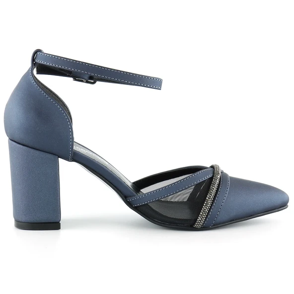 Erkan Saçmacı Molly Lacivert Saten Taşlı Fileli Kalın Topuklu Ayakkabı - Resim 2
