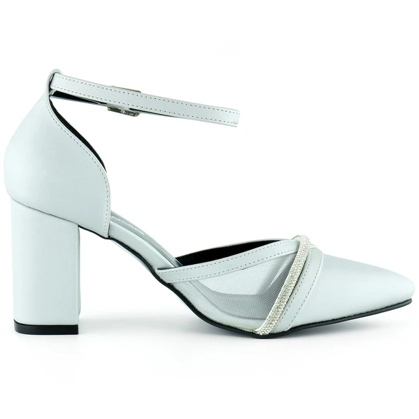 Erkan Saçmacı Molly Gümüş Saten Taşlı Fileli Kalın Topuklu Ayakkabı - 2