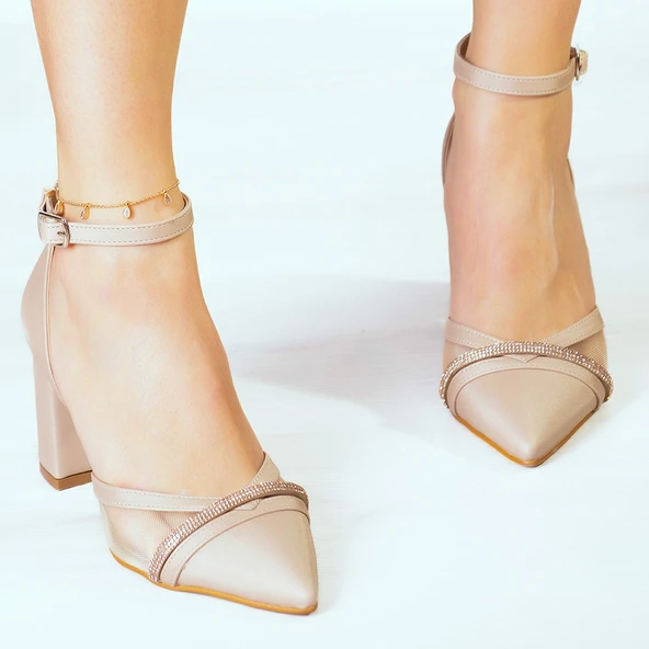 Erkan Saçmacı Molly Ten Saten Taşlı Fileli Kalın Topuklu Ayakkabı - 4