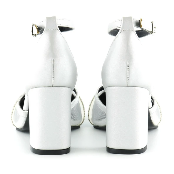 Erkan Saçmacı Molly Gümüş Saten Taşlı Fileli Kalın Topuklu Ayakkabı - 3