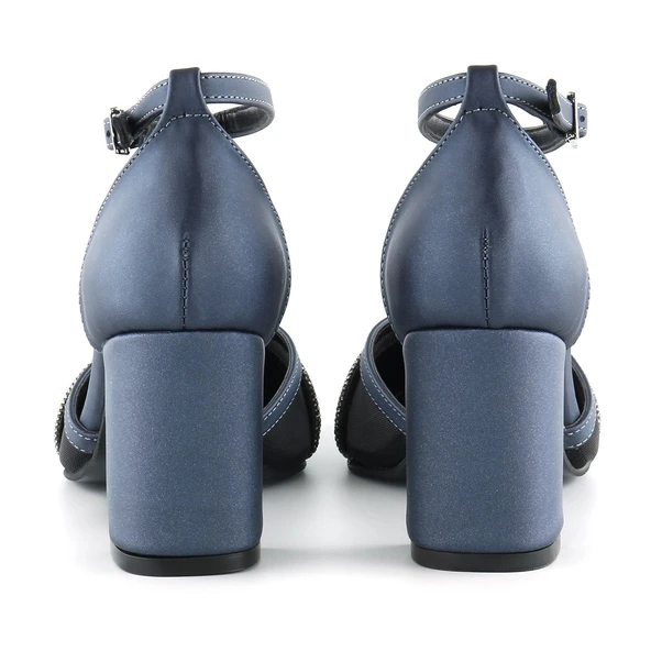 Erkan Saçmacı Molly Lacivert Saten Taşlı Fileli Kalın Topuklu Ayakkabı - Resim 3