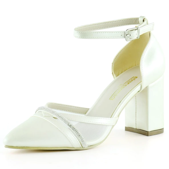 Erkan Saçmacı Molly Sedef Taşlı Fileli Kalın Topuklu Abiye Gelinlik Ayakkabı