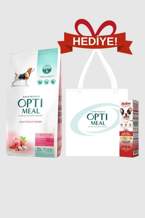 Optimeal Super Premium Hindi Etli Orta Irk Yetişkin Köpek Maması 12 Kg - Bioline Vitamin Paste ve Çanta Hediyeli!
