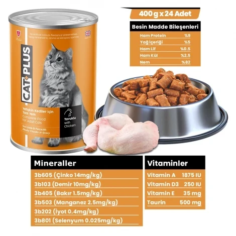 CatPlus Sos İçinde Et Parçacıklı Tavuklu Yetişkin Kedi Konserve Yaş Mama 400 Gr x 24 Adet