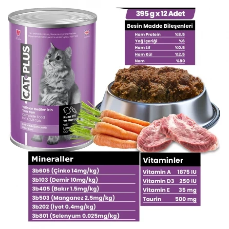 CatPlus Pate İçinder Et Parçacıklı Kuzu Etli ve Havuçlu Yetişkin Kedi Konserve Yaş Mama 395 Gr x 12 Adet