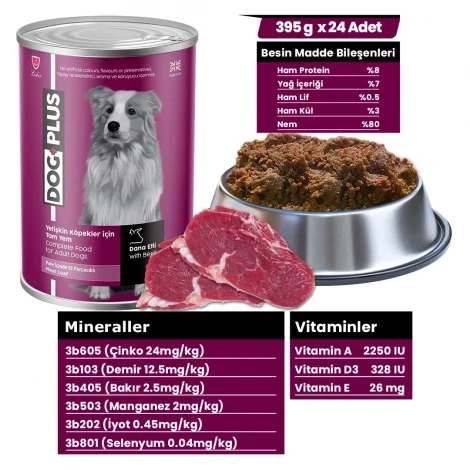 DogPlus Pate İçinde Et Parçacıklı Dana Etli Yetişkin Köpek Konserve Yaş Mama 395 Gr x 24 Adet