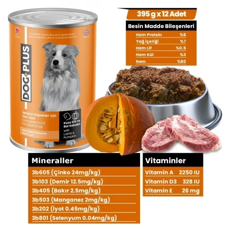 DogPlus Pate  Kuzu Etli ve Balkabaklı Yetişkin Köpek Konserve Yaş Mama 395 Gr x 12 Adet