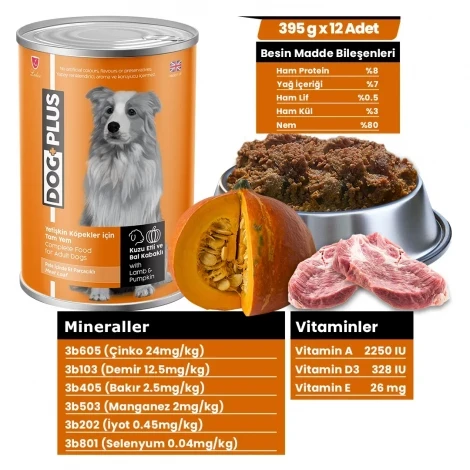 DogPlus Pate İçinde Et Parçacıklı Kuzu Etli ve Balkabaklı Yetişkin Köpek Konserve Yaş Mama 395 Gr x 12 Adet