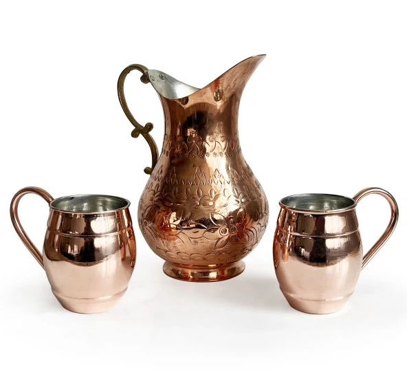 Shark Anatolia El İşi Kabartma Bakır Sürahi ve 2'li Bardak Seti - 2