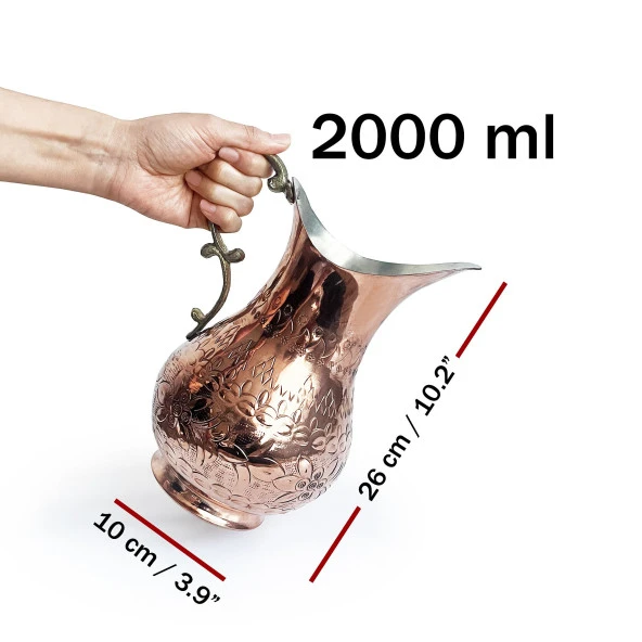 Shark Anatolia El İşi Kabartma Bakır Sürahi ve 2'li Bardak Seti - 3