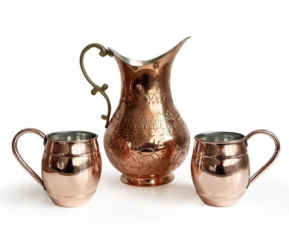 Shark Anatolia El İşi Kabartma Bakır Sürahi ve 2'li Bardak Seti - 6