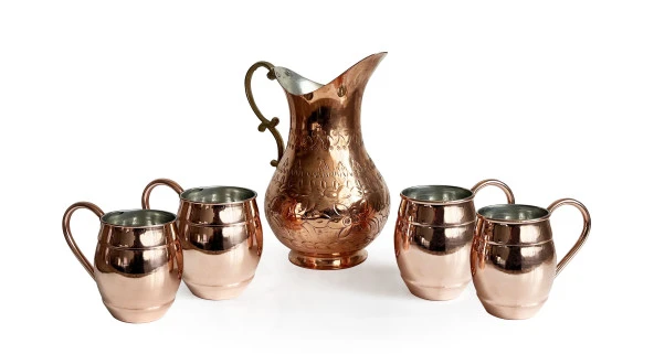 Shark Anatolia El İşi Kabartma Bakır Sürahi ve 4'lü Bardak Seti - 2