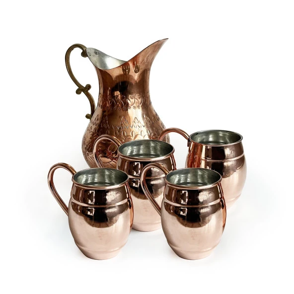 Shark Anatolia El İşi Kabartma Bakır Sürahi ve 4'lü Bardak Seti - 5